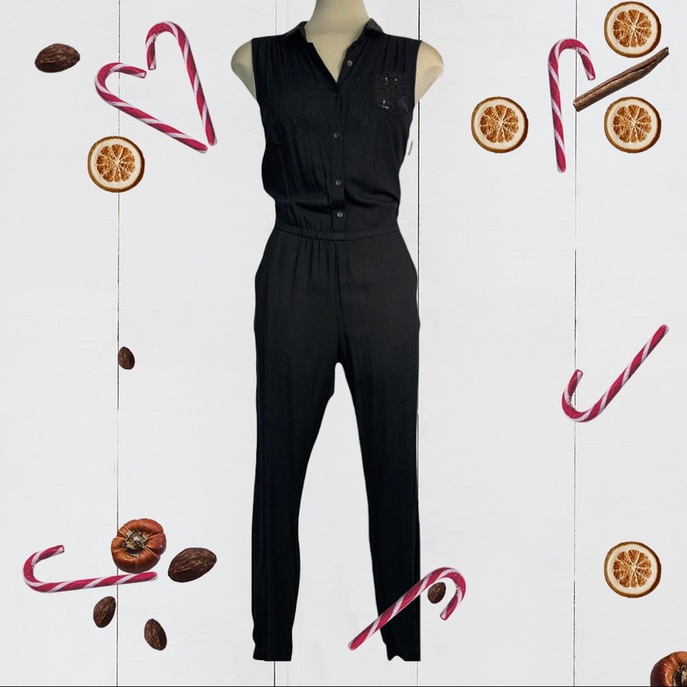 Elegant Jumpsuit Black Embellished Sequin Pocket Size S - Picture 1 of 9